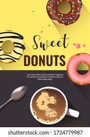 Donuts mit verschiedenen Topping und Kaffee. Donut Shop, Süßwaren, Bäckerei, Konditorei, Dessert, Frühstückskonzept. A4 Vektor-Illustration für Poster, Banner, Flyer, kommerzielle, Cover. 