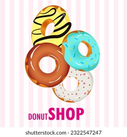 Donuts con varios ingredientes y decoraciones.Ilustración vectorial para afiches, banner, volante, anuncio, menú, portada EPS10.