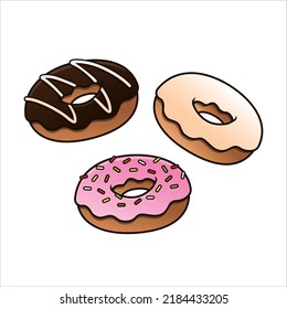 Donuts with various toppings isolated on white background. vector flat design illustration
