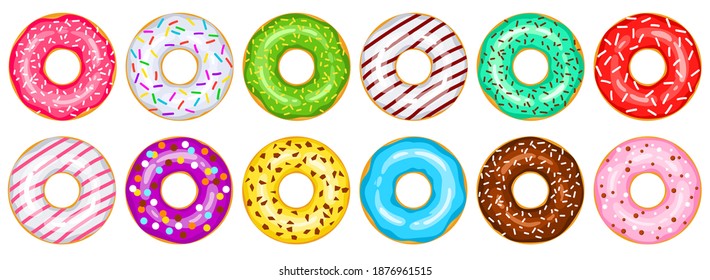 Donuts vector big set. Green, white, red, chocolate, pink, yellow, green, blue, purple, mint donuts are decorated with sweet sprinkles. Cartoon sweets. Bright donuts illustration isolated on white.
