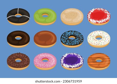 Donuts vector collection. Sweet and delicious snacks. Dessert food or confectionery.