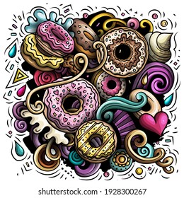 Donuts vector doodles illustration. Sweets poster design. Doughnut elements and objects cartoon background. Bright colors funny picture. All items are separated