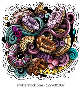 Donuts vector doodles illustration. Sweets poster design. Doughnut elements and objects cartoon background. Bright colors funny picture. All items are separated