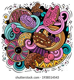Ilustración de garabatos vectoriales de donuts. Diseño de afiches dulces. Antecedentes de dibujos animados de objetos y elementos de anillos. Colores brillantes, imagen graciosa. Todos los elementos están separados
