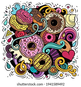 Donuts vector doodles illustration. Sweets poster design. Doughnut elements and objects cartoon background. Bright colors funny picture. All items are separated