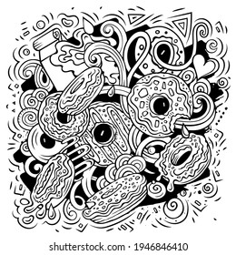Ilustración de garabatos vectoriales de donuts. Diseño de afiches dulces. Antecedentes de dibujos animados de objetos y elementos de anillos. Imagen divertida de Line art. Todos los elementos están separados