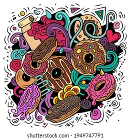 Donuts vector doodles illustration. Sweets poster design. Doughnut elements and objects cartoon background. Bright colors funny picture. All items are separated