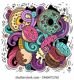 Donuts vector doodles illustration. Sweets poster design. Doughnut elements and objects cartoon background. Bright colors funny picture. All items are separated