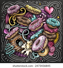 Donuts vector doodles illustration. Sweets poster design. Doughnut elements and objects cartoon background. Bright colors funny picture. All items are separated