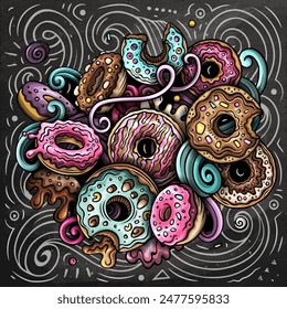 Donuts vector doodles illustration. Sweets poster design. Doughnut elements and objects cartoon background. Bright colors funny picture. All items are separated