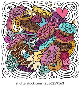 Donuts vector doodles illustration. Sweets poster design. Doughnut elements and objects cartoon background. Bright colors funny picture