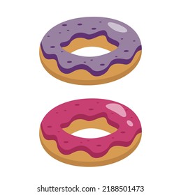 Donuts. Vector flat illustration of a delicious dessert. Cartoon colorful tasty donut isolated on white background. Pink glazed doughnut.