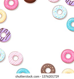 Donuts vector frame. Colorful square illustration for print or web design.