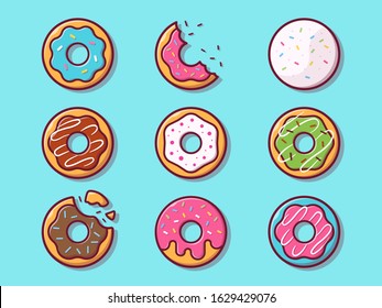 Donuts Vector Icon Illustration. Set Collection Of Doughnut. Food Icon Concept White Isolated. Flat Cartoon Style Suitable for Web Landing Page, Banner, Flyer, Sticker, Card, Background