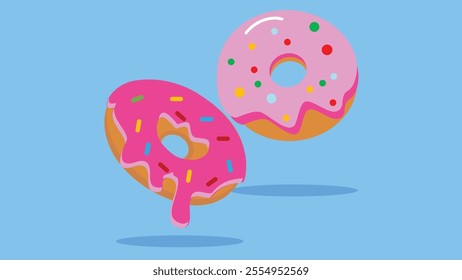 Donuts Vector Icon Illustration. Strawberry Donuts, Food Icon Concept Blue Isolated.