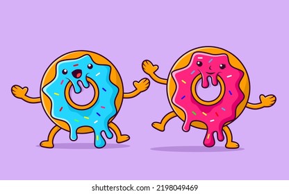 Ilustración del vector de Donuts. Donuts bailarines. Un par de donuts lindos, niños y niñas bailando juntos.