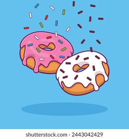 Donuts vector illustration, donut with strawberry icing, donut with white icing, donut with colorful sprinkles
