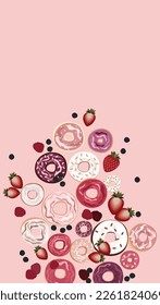 Donuts, vector illustration. Sweet sugar icing donuts. Donuts with white chocolate, strawberry, raspberry and chocolate, top view. Frosted sprinkled donuts