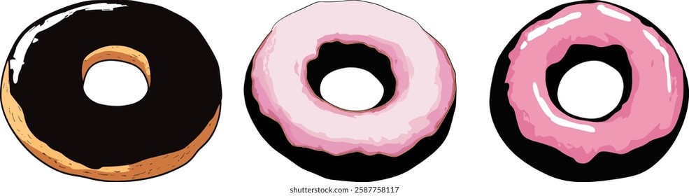 Donuts Vector Illustration: Three Sweet Treats Isolated on White Background