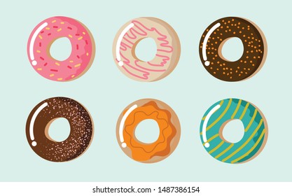 Donuts vector isolated in blue background. Donut sweet desert for relaxing time.