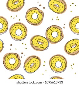 Donuts vector seamless pattern. Cute sweet food baby background. Colorful design for textile, wallpaper, fabric, decor.