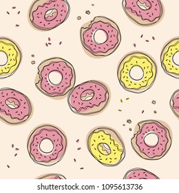 Donuts vector seamless pattern. Cute sweet food baby background. Colorful design for textile, wallpaper, fabric, decor.