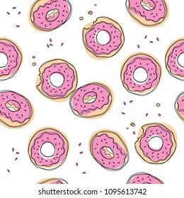 Donuts vector seamless pattern. Cute sweet food baby background. Colorful design for textile, wallpaper, fabric, decor.