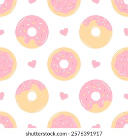 Donuts vector seamless pattern. Pink donuts with hearts. Cute coquette core pattern. Valentine's day wallpaper, print, design menu bakery, covers, phone cases, wrapping paper. Children background