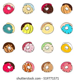 Donuts vector set isolated on a light background in a modern flat style. Donuts into the glaze collection. Isolated, sweet sugar icing donuts.