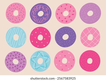 Donuts vector set on beige background. Colour donuts with chocolate, strawberry, caramel top view.