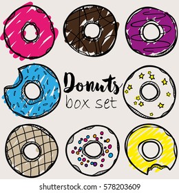 Donuts vector sketch set. Hand drawn design elements.