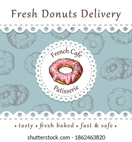 Donuts Vintage Banner Or Poster With Lacy Cut On Blue. Homemade Pastry Delivery Leaflet Template. Baking Label. Retro Sketch, Engraved Illustration. Doughnuts Flyer For Bakery Shop, Cafe, Restaurant.