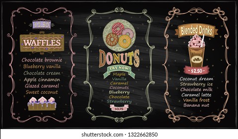 Donuts, waffles and blended drinks chalkboard menu set for cafe or restaurant