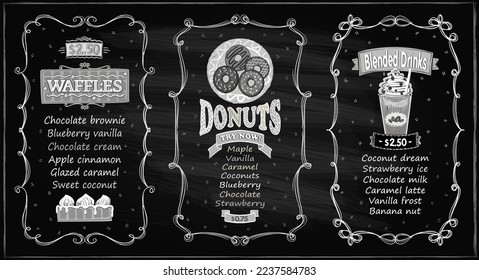 Donuts, Waffeln und Getränkekarte mit Mischgetränken, Vektorgrafik-Menü für Cafés oder Restaurants