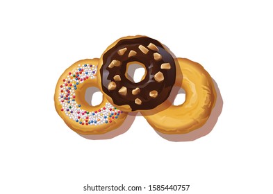 Donuts witch chocolate chips and sprinkles and raw Donut vector illustration
