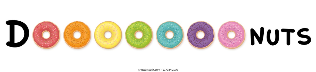 Donuts - word as image with colorful donuts instead of the letter O. Rainbow colored collection.