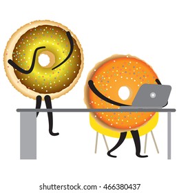 Donuts. Work at the computer in the office. Business characters. Banners for design in business style.