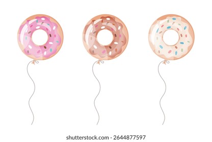 Donut-shaped balloons set with colorful icing and sprinkles. Cute flat vector illustration with soft gradients and playful design. Ideal for kids' party decor, invitations, and digital content.