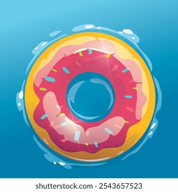 A donut-shaped inflatable pool float rests atop a bright, aquamarine-blue background, resembling water. The overall color scheme is playful and summery.