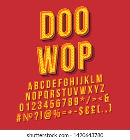 Doo wop vintage 3d Vektorschrift. Retro fette Schriftart, Schriftart. Pop art stilisierten Text. Briefe, Zahlen, Symbole und Elemente im Stil der alten Schule. Poster der 90er, 80er Jahre, Banner. farbiger Hintergrund