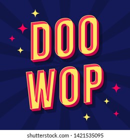 Doo wop vintage 3d vector lettering. Retro bold font, typeface. Pop art stylized text. Old school style letters. 90s, 80s poster, banner. Dark blue halftone color rays background