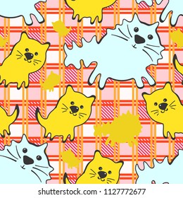 Doode Cute Seamless Pattern with Cat on Gingham Background. Little Kittens Baby Cartoon Endless Print. Kid Fabric Tamplate with Big and Little Cats on Traditional Checkered Backdrop