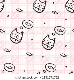 Doode Cute Seamless Pattern with Cat on Gingham Background. Little Kittens Baby Cartoon Endless Print. Kid Fabric Tamplate with Big and Little Cats on Traditional Checkered Backdrop