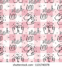 Doode Cute Seamless Pattern with Cat on Gingham Background. Little Kittens Baby Cartoon Endless Print. Kid Fabric Tamplate with Big and Little Cats on Traditional Checkered Backdrop