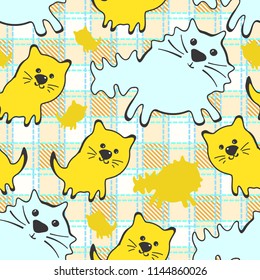 Doode Cute Seamless Pattern with Cat on Gingham Background. Little Kittens Baby Cartoon Endless Print. Kid Fabric Tamplate with Big and Little Cats on Traditional Checkered Backdrop