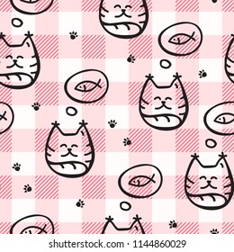Doode Cute Seamless Pattern with Cat on Gingham Background. Little Kittens Baby Cartoon Endless Print. Kid Fabric Tamplate with Big and Little Cats on Traditional Checkered Backdrop