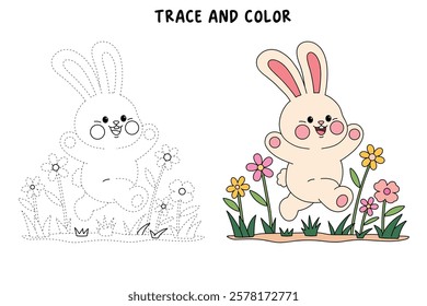 Doodel rabbit coloring pages for kids. Trace and color cute rabbit. Rabbit animal flashcard. Cute rabbit easter isolated on white background. Kindergarten and preschool worksheets for kids printable. 