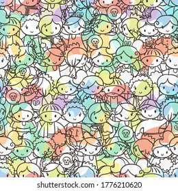 Doodel seamless pattern with group of children, teens, girls, boys with different hairstyles and toys. Vector graphic hand drawn illustration