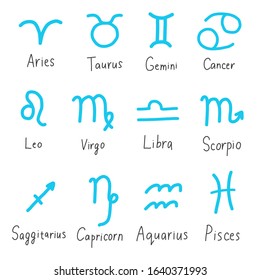 Doodle 12 zodiac symbols set. Astrology horoscope signs hand drawn style