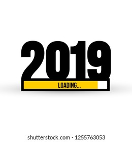 Doodle with 2019 loading. New year download screen. Progress bar almost reaching new year's eve. Vector illustration. Isolated on white background.